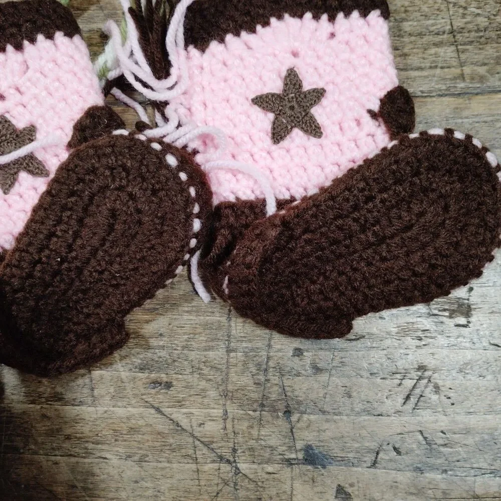 Baby Hand Knit Hat Booties Girl Handmade Crochet Boots Rose Floral Cap
